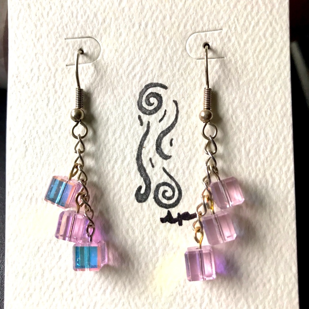 Pink Glass Cascading Earrings on silver chain